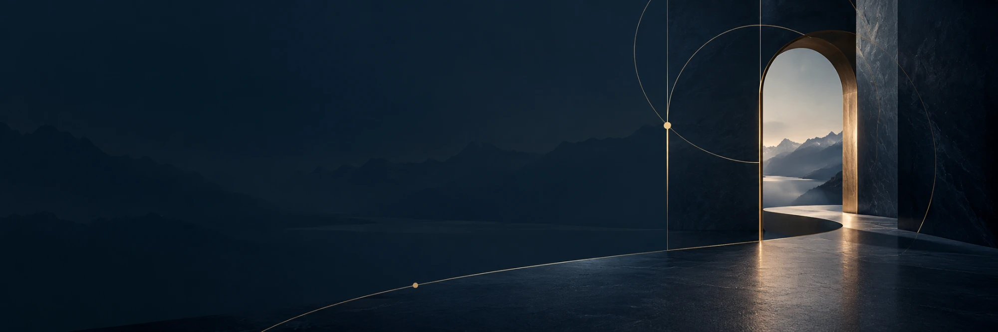 A golden archway opening onto an alpine lake at first light