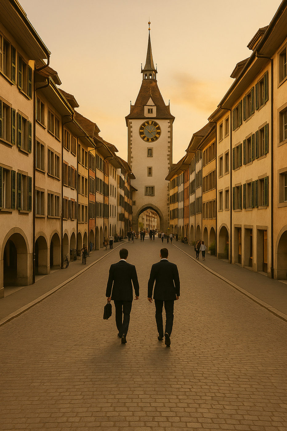Two partners walking through a Swiss old town