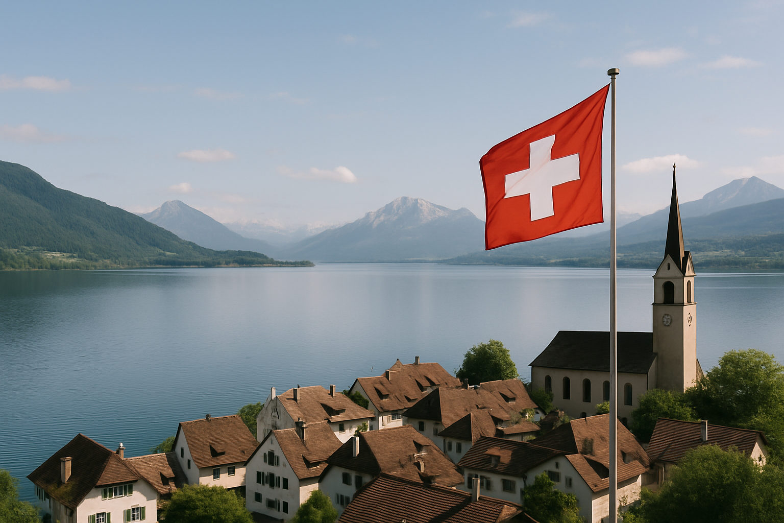 Swiss flag above a lakeside village